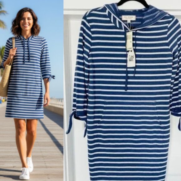 NWT Max Studio Weekend Navy Blue and White Stripe Knit Hooded Dress, XS - Picture 1 of 11